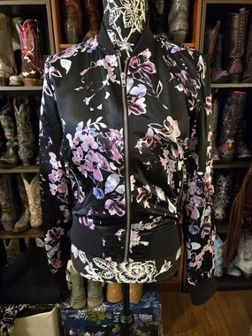 a.n.a Black Bomber Jacket with Pink & Lavender Floral Print